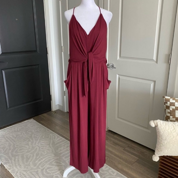 Anthropologie Willa WILLA Tie Waist Burgundy Red Draped Jumpsuit Large - Picture 6 of 15